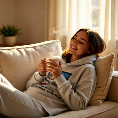 A lady drinking hot chocolate resting in a comfortable sofa and wearing a Purramble hoodie