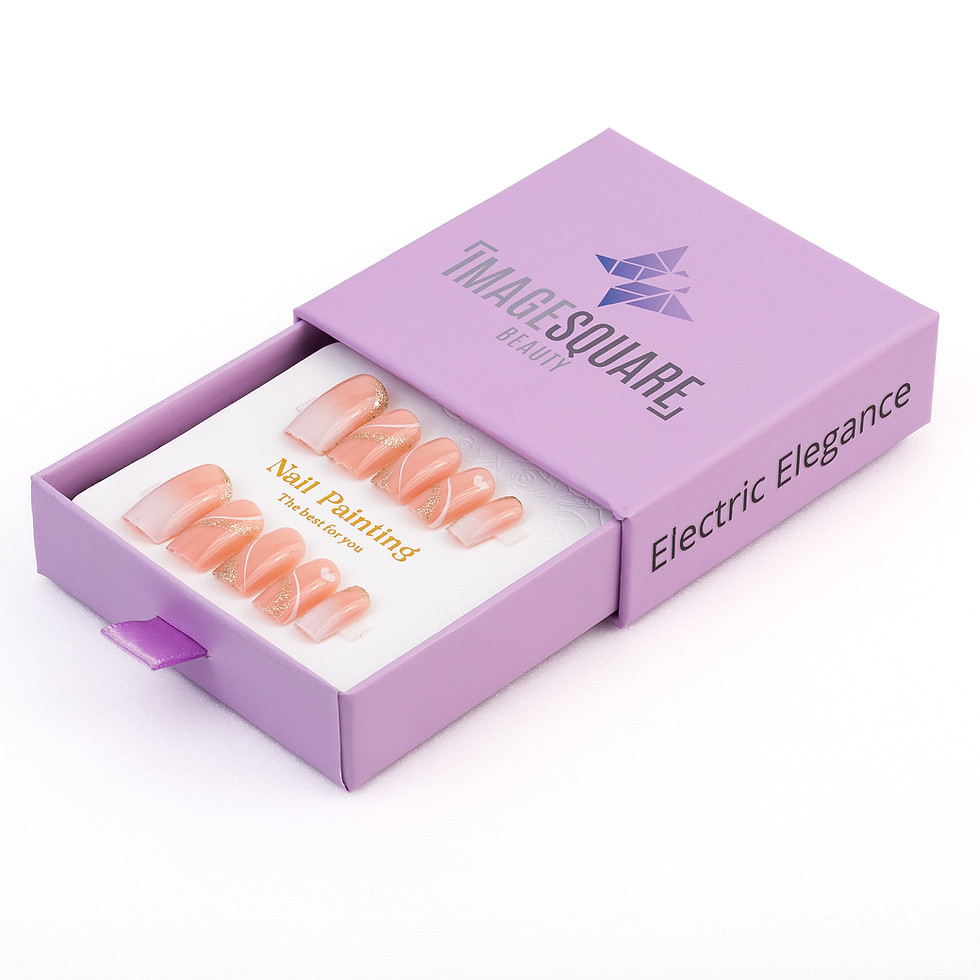 Lavender nail box with Image Square Beauty glittery heart nails and named “Electric Elegance.”