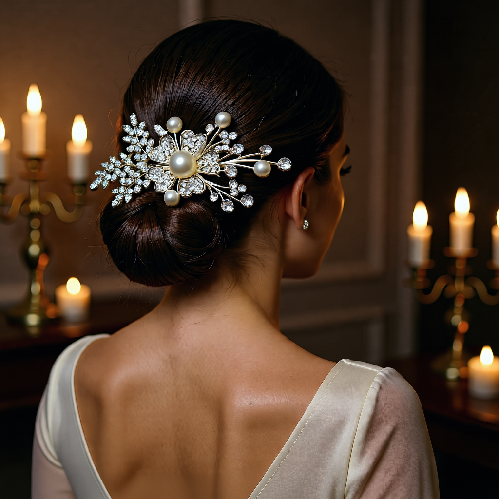 Elegant pearl and crystal hair clip in a woman's updo