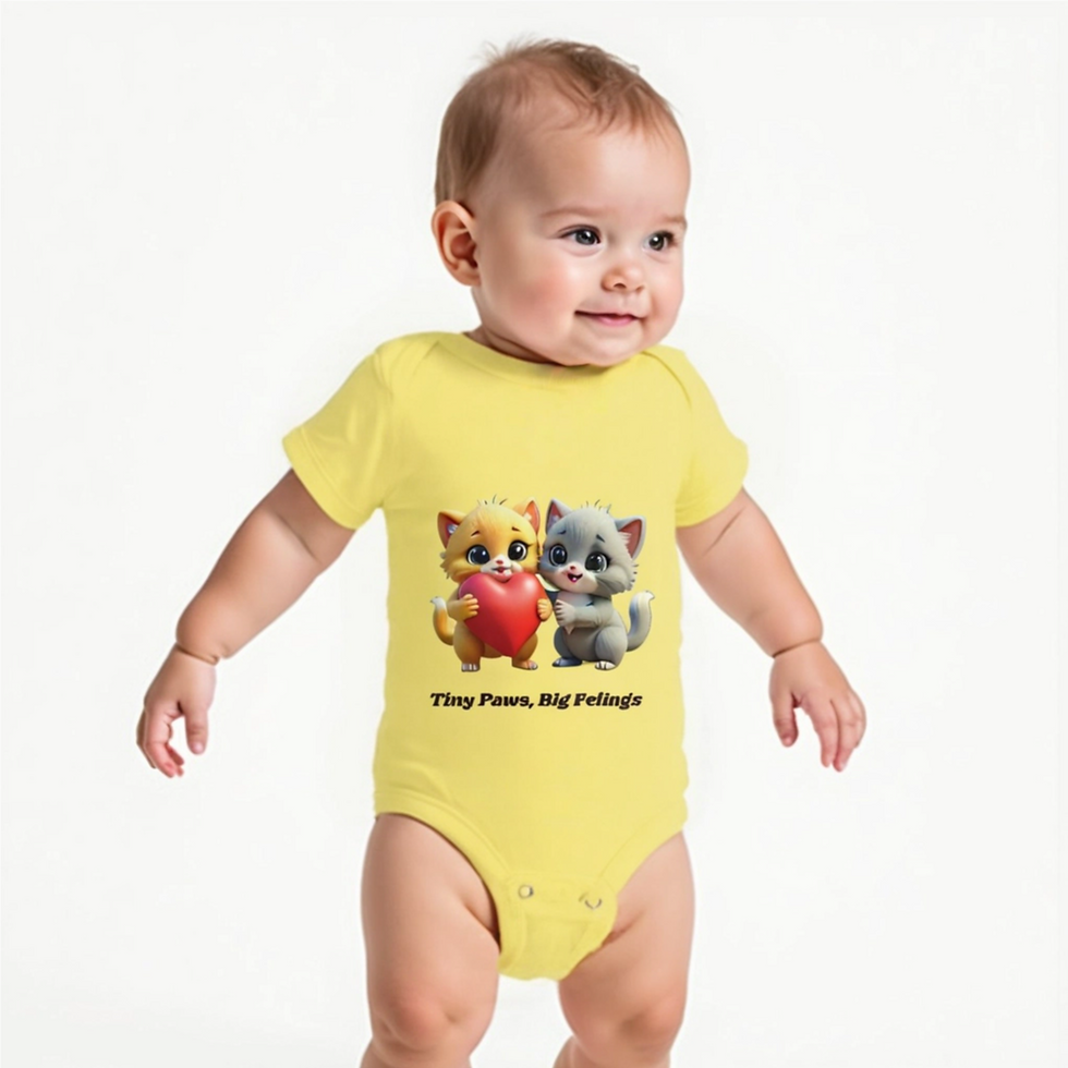 Thumbnail: Baby bodysuit with cartoon kittens Purr and Ramble holding a red heart, and the quote “Tiny Paws, Big Feelings” printed