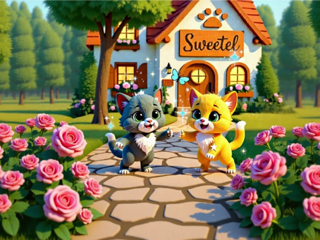 Illustration of Purr, a shy grey kitten with a white heart on her chest, and Ramble, an orange kitten with a white star on his front leg, playing together in front of Sweetel Cafe with roses and grass scenery and whimsical storybook style.