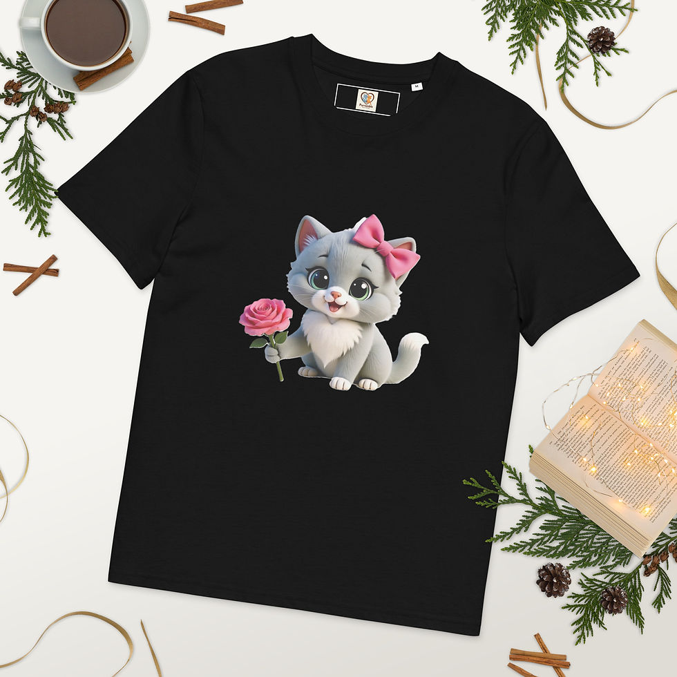 organic cotton unisex t-shirt with a cute grey kitten named Purr, wearing a pink bow and holding a pink rose.