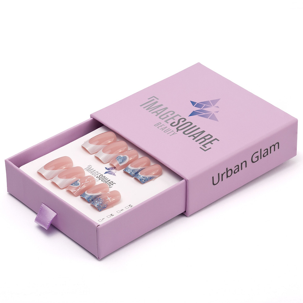 Lavender nail box with Image Square Beauty glittery heart nails and named “Urban Glam"