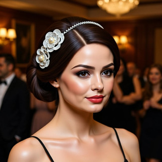 Woman at a formal event wearing a pearl floral hair accessory and black dress.