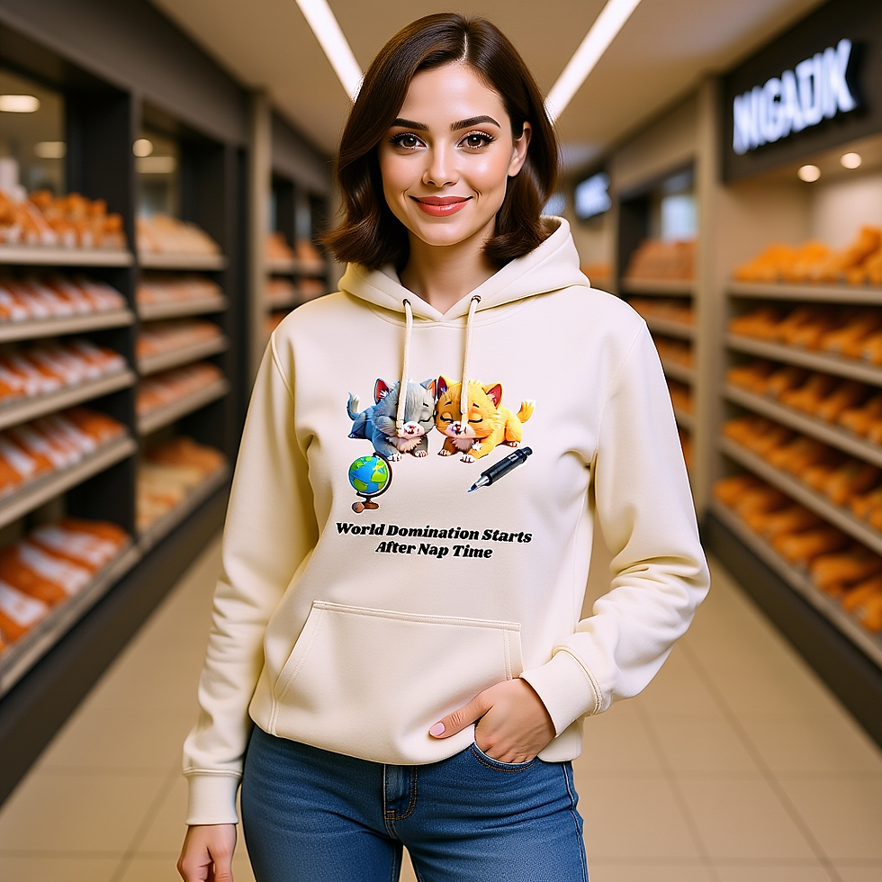 Unisex hoodie featuring Purr and Ramble, two cartoon kittens sleeping beside a globe and pen.