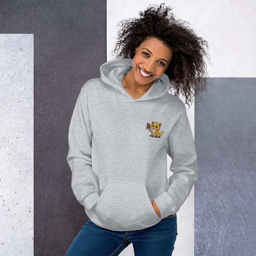 unisex hoodie with embroidered Ramble the kitten holding a butterfly; includes kangaroo pocket and relaxed fit