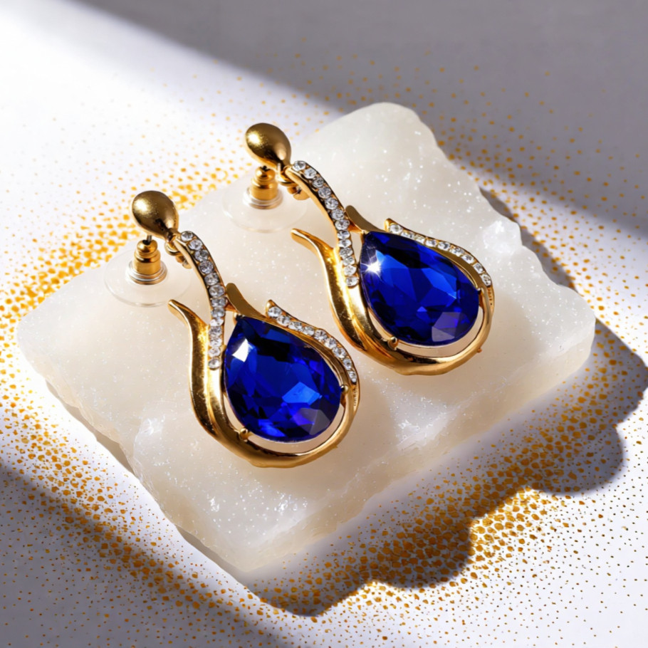 A pair of gold-toned earrings featuring large teardrop-shaped blue gemstones accented with a curved row of small crystals