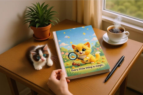 Hard cover journal on top of a table, next to a cup of coffee, a planter, a pen and a little kitten. The cover of the journal has a Purramble design featuring ramble and the text: "Every little thing is magic"