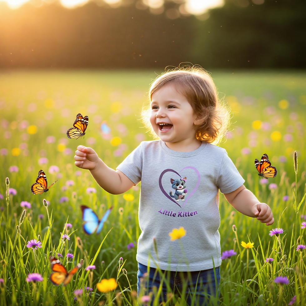 Thumbnail: Child in grey “Little Kitten” t‑shirt standing in a sunlit meadow with butterflies.