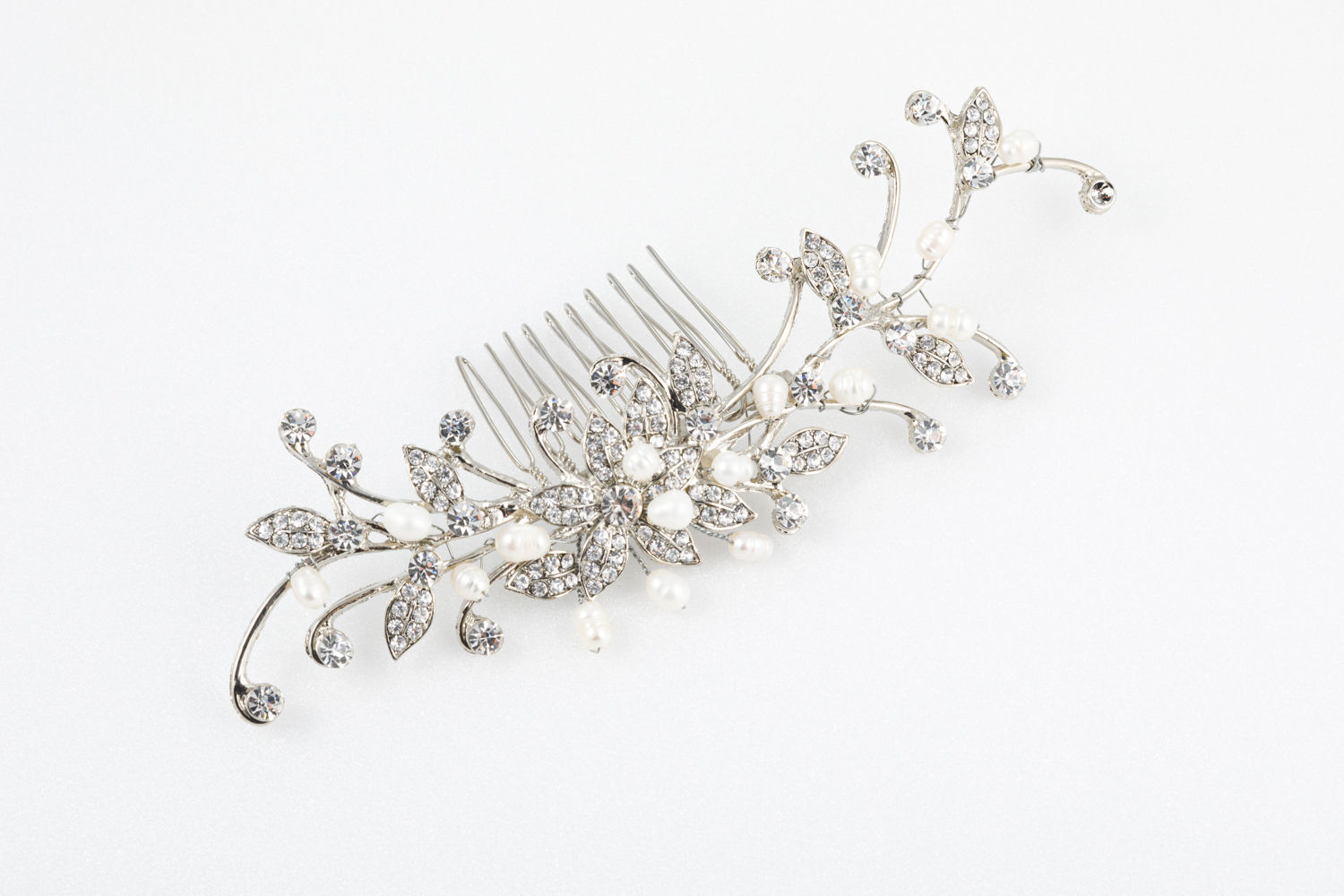 Silver hair comb with jewels and pearls