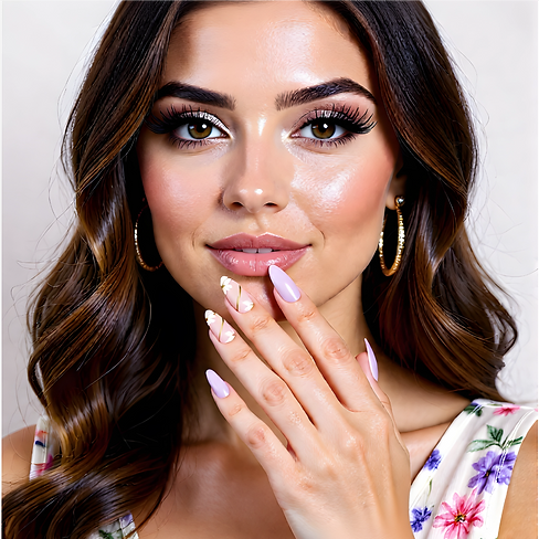 A woman with wavy brown hair and gold hoops poses with Mystic Allure Nails