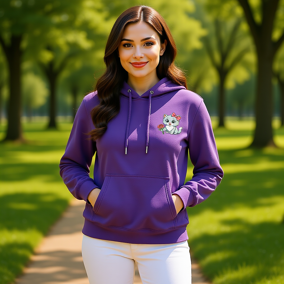 “Purr’s Gentle Charm” hoodie features embroidered Purr with rose and bow. Soft, cozy, and perfect for quiet warmth