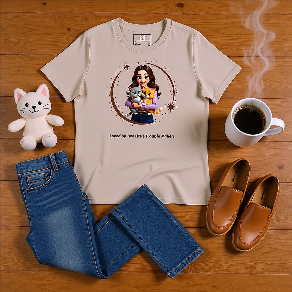 Thumbnail: Flat lay with beige “Loved by Two Little Trouble Makers” cat‑themed t‑shirt, jeans, loafers, mug, and plush cat.