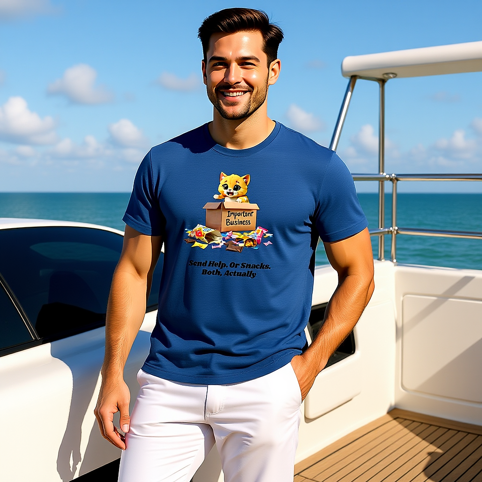 Man wearing a blue short sleeve t-shirt featuring Ramble, a cute orange kitten in a box labeled “Important Business,”