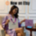 A woman in a satin robe sits with an Image Square Beauty gift bag and box beside her, promoting the brand on Etsy.