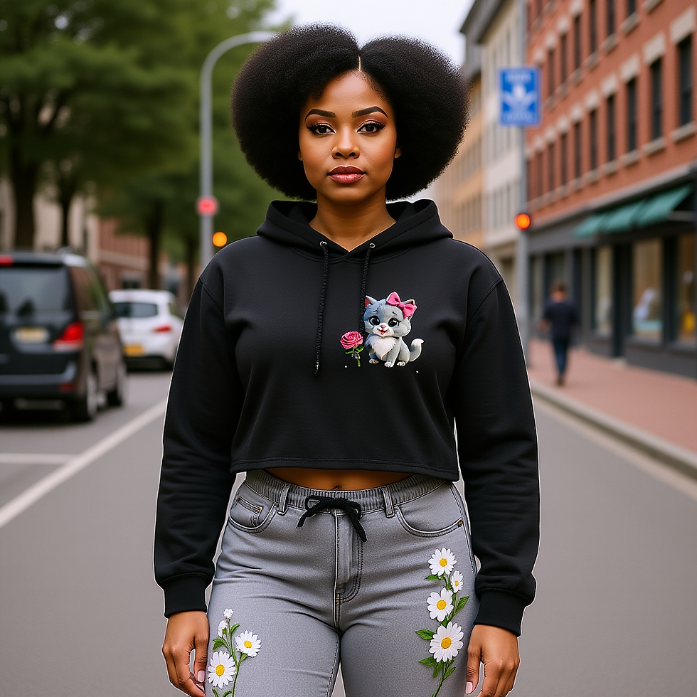 Thumbnail: Cropped hoodie featuring Purr, a blue and white cartoon-style cat with a pink bow and rose.