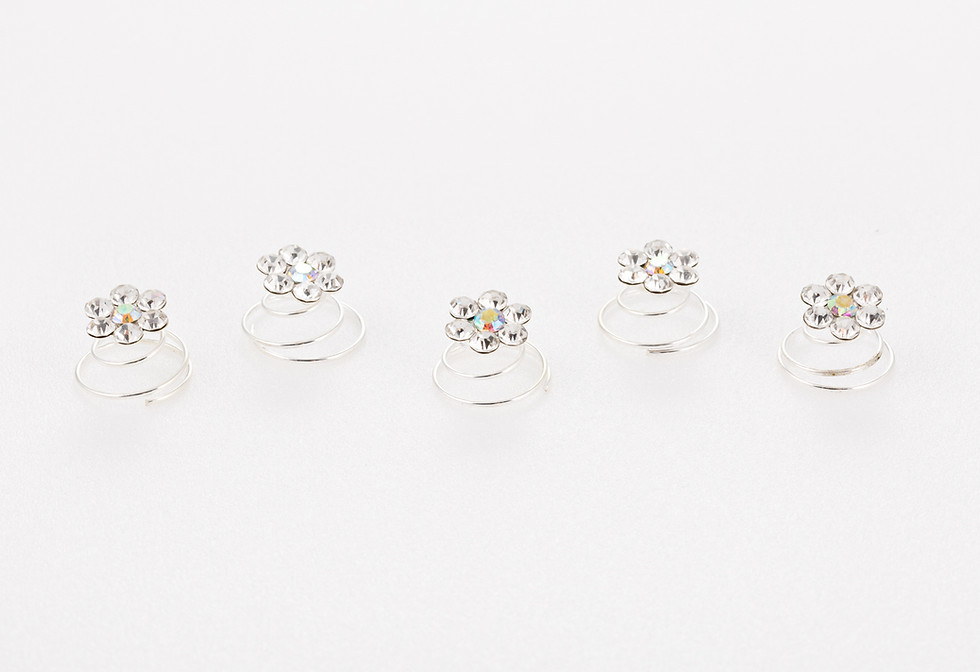 Five silver spiral hairpins with clear crystal flowers