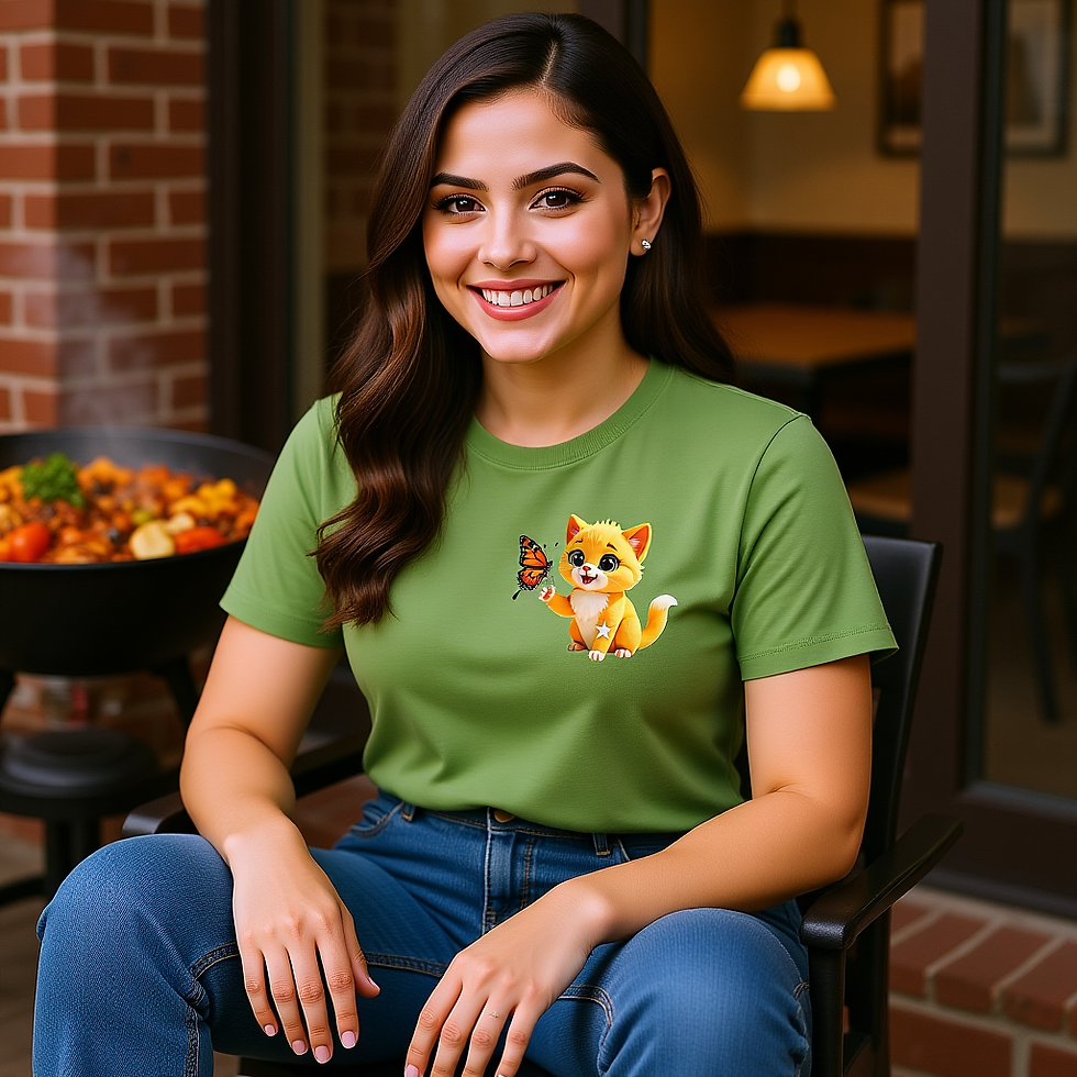 Women’s relaxed fit t-shirt featuring Ramble, the orange kitten, gently holding a butterfly on his paw