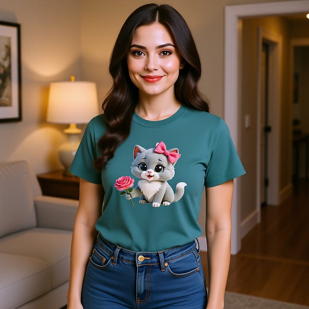 organic cotton unisex t-shirt with a cute grey kitten named Purr, wearing a pink bow and holding a pink rose.