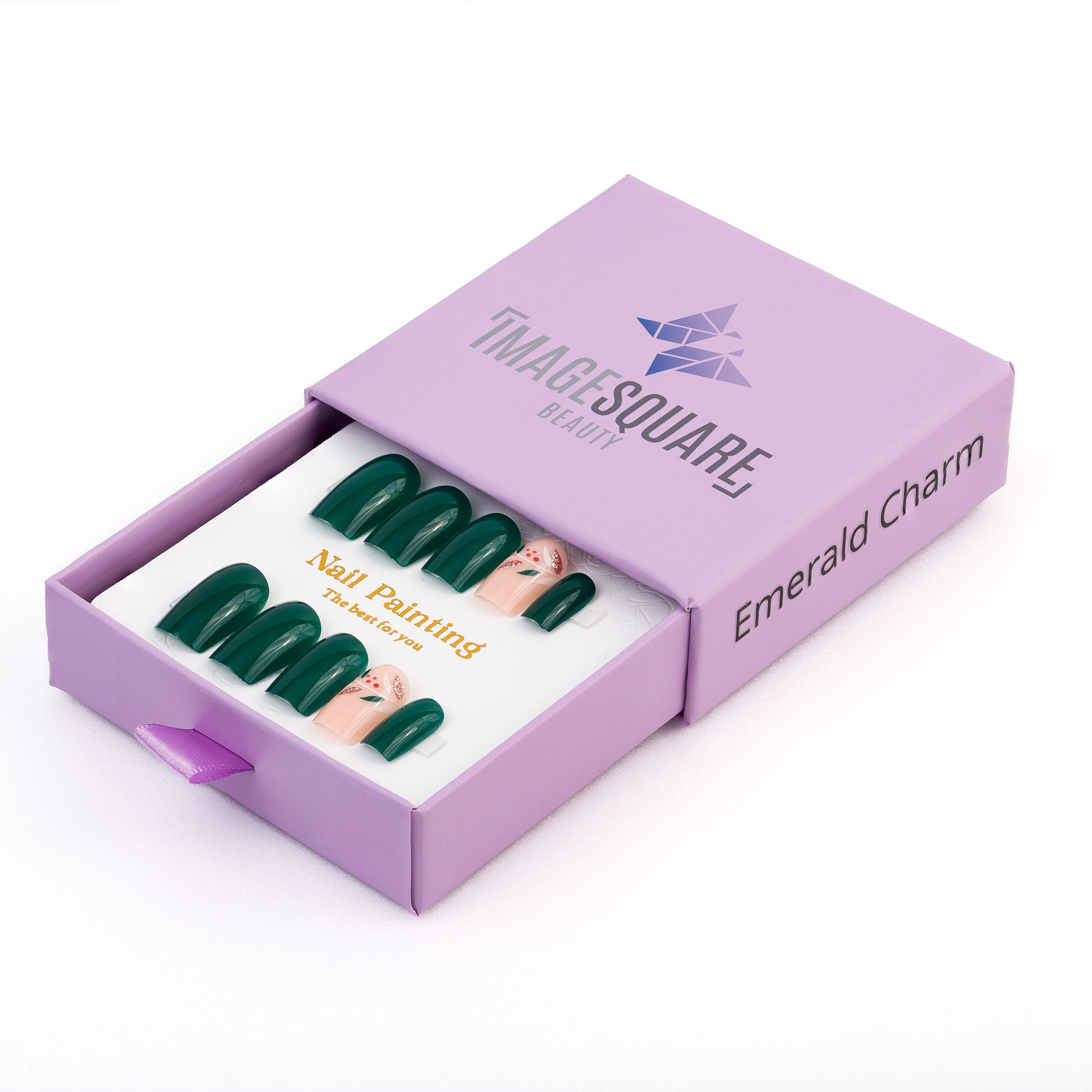 Lavender sliding drawer box labeled “Emerald Charm” by Image Square Beauty, containing emerald green and floral accent nails
