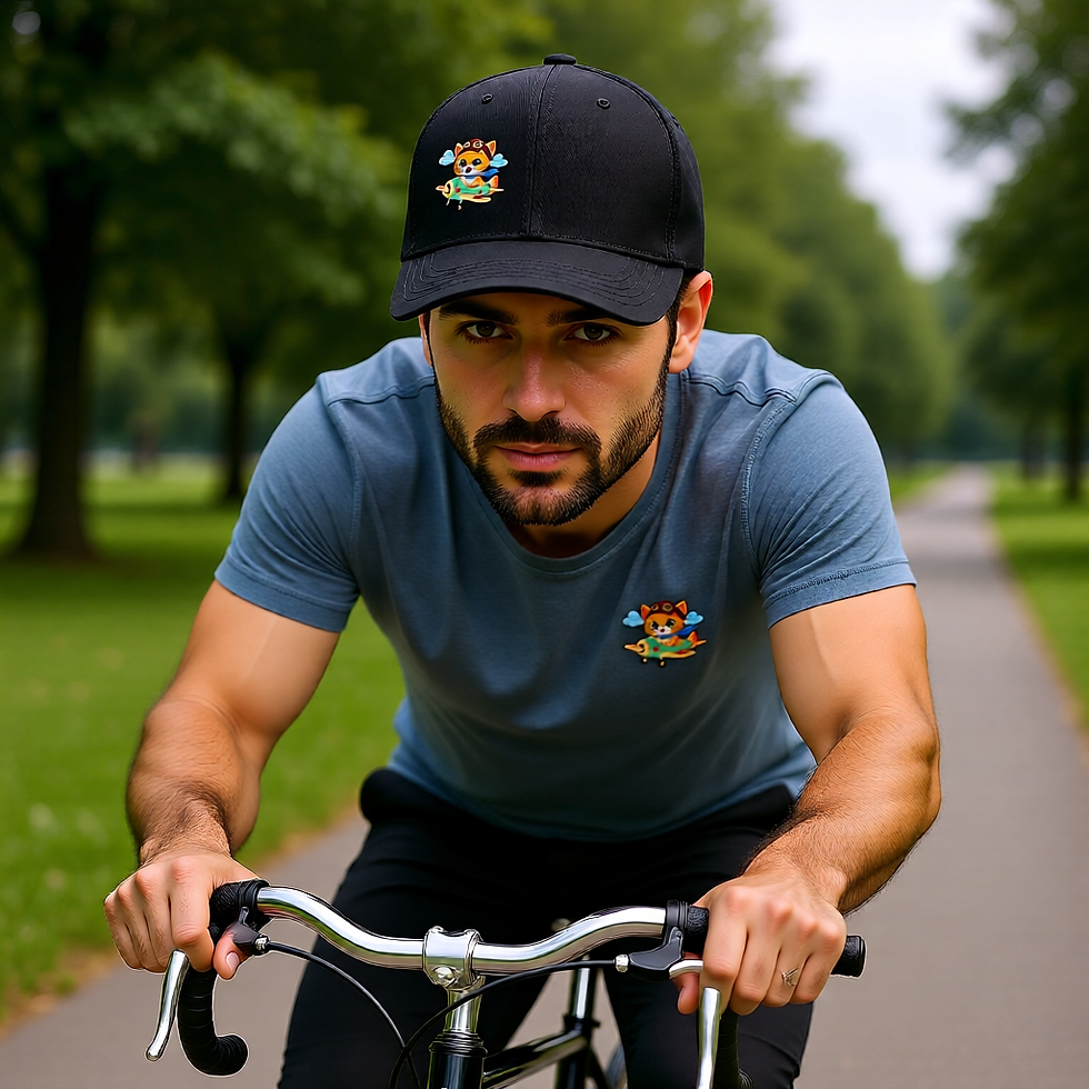 Thumbnail: Structured twill cap with a cute illustration of Ramble the orange kitten flying a pastel airplane