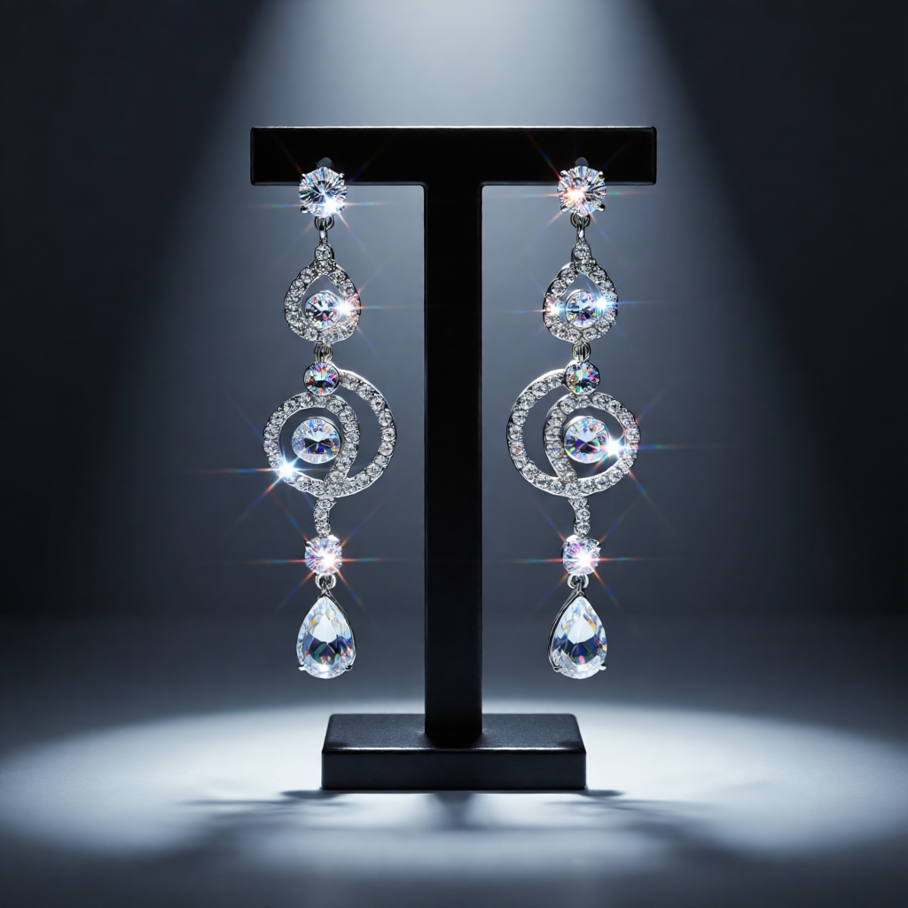 Sparkling diamond drop earrings displayed on a black stand under focused lighting