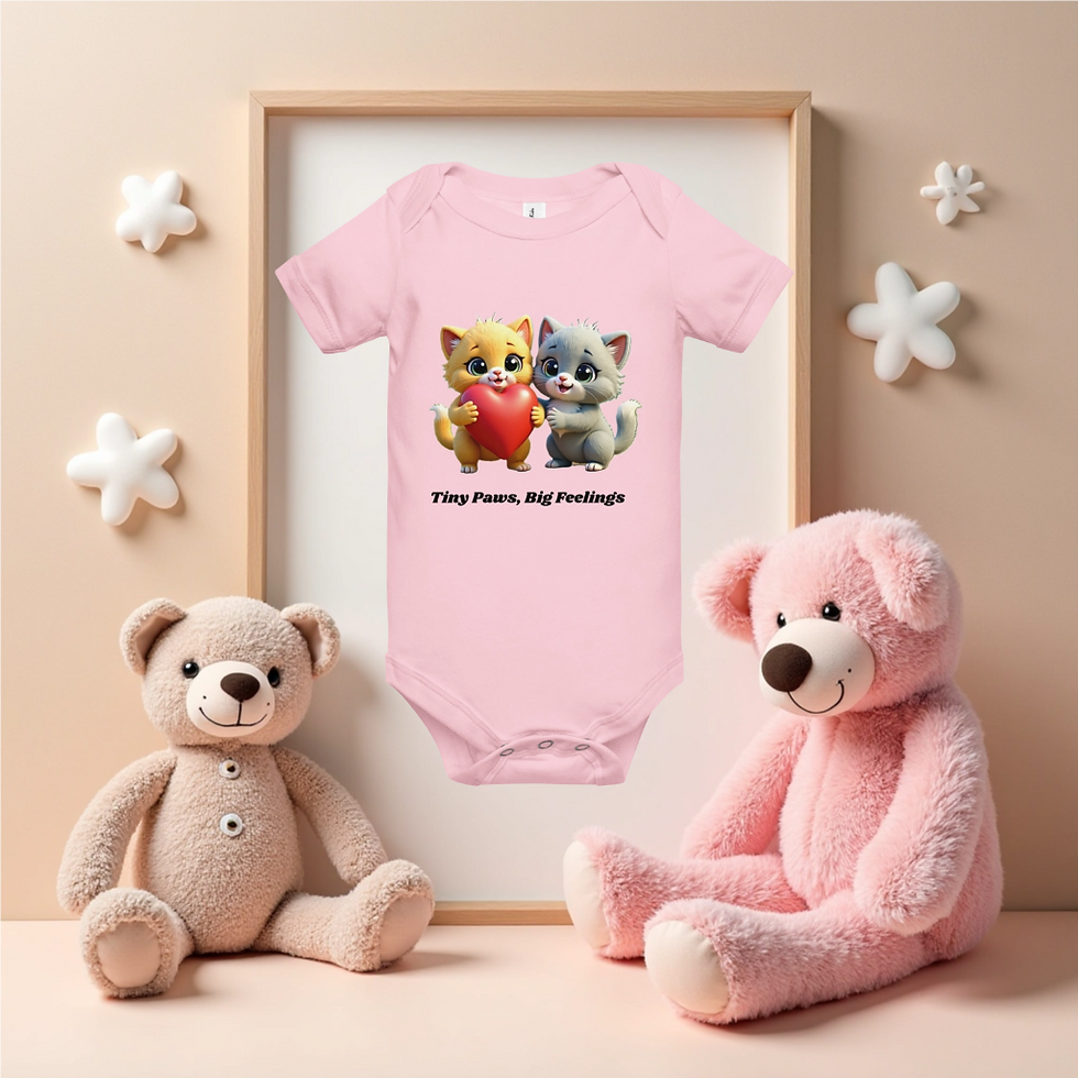 Thumbnail: Baby bodysuit with cartoon kittens Purr and Ramble holding a red heart, and the quote “Tiny Paws, Big Feelings” printed