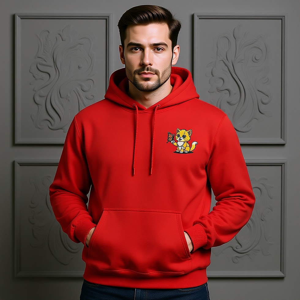 unisex hoodie with embroidered Ramble the kitten holding a butterfly; includes kangaroo pocket and relaxed fit