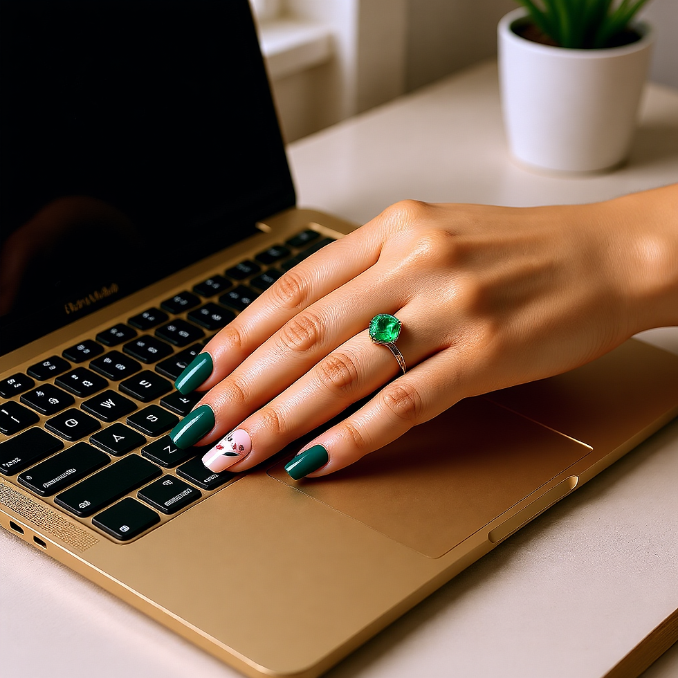 Thumbnail: Hand with emerald green and floral accent nails resting on a gold laptop keyboard, wearing a green gemstone ring.