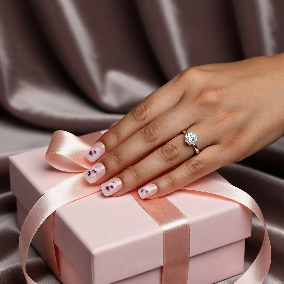 Thumbnail: Hand with floral pink nails resting on a pink gift box tied with a satin ribbon.
