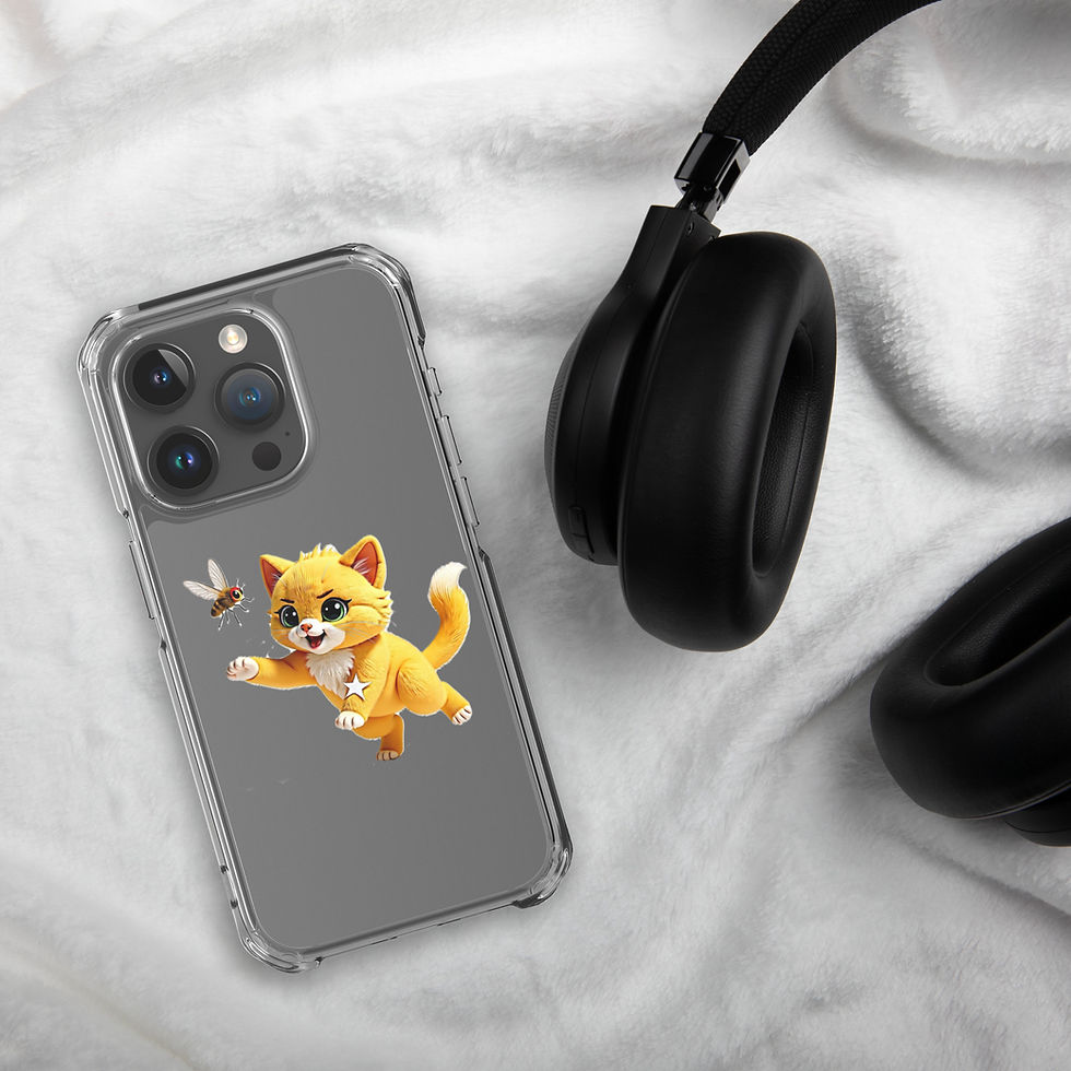 Thumbnail: Clear iPhone phone case with a cartoon orange cat joyfully leaping toward a flying bee; playful and whimsical design