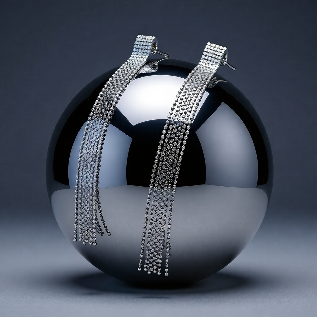 Long silver crystal earrings draped over a reflective metallic sphere.
