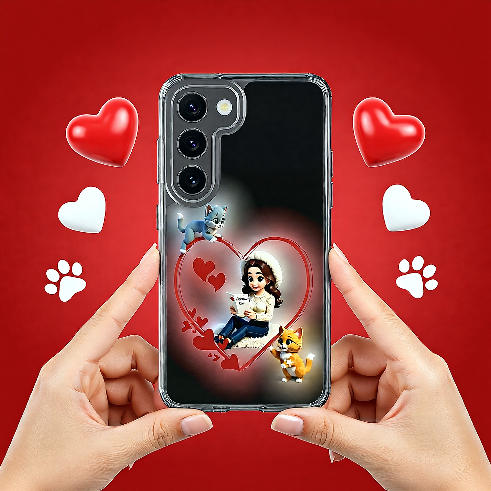 Hands holding a phone with a heart-and-cats case against a red background with hearts and paw prints.