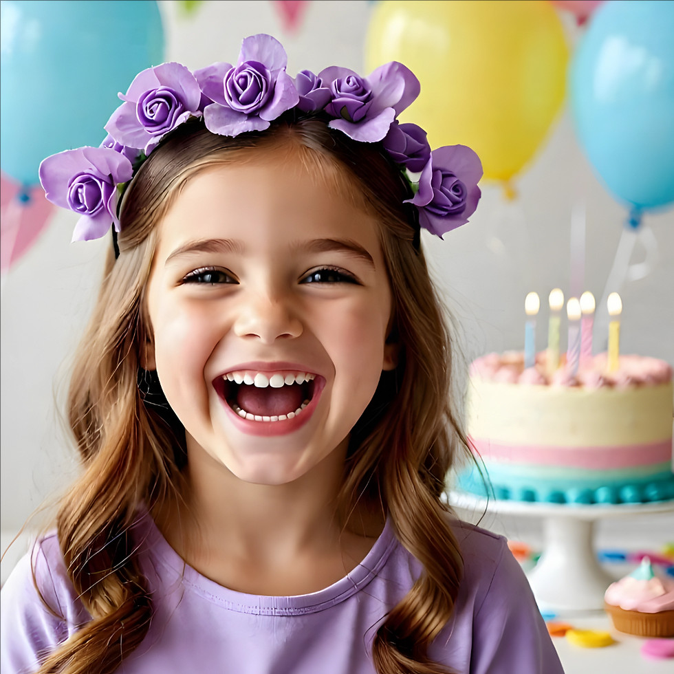 Smiling girl in a lavender outfit with a purple rose headband, celebrating with balloons and a pastel birthday cake.
