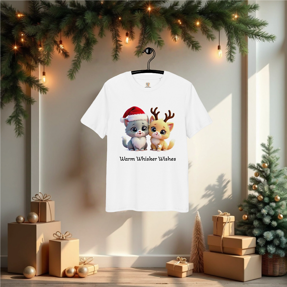 Unisex organic cotton T-shirt featuring a festive illustration of Purr and Ramble together
