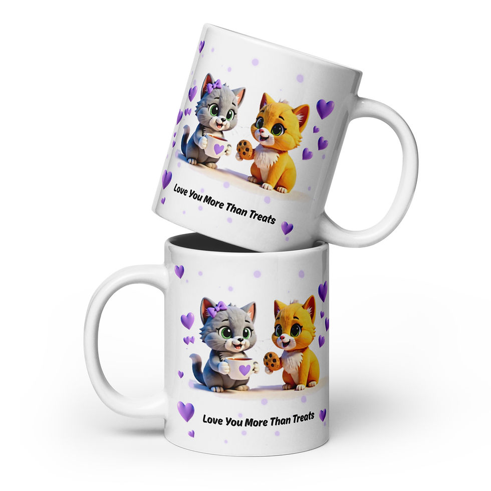 Thumbnail: Two stacked white ceramic mugs featuring a cartoon-style cats sitting together, surrounded by hearts