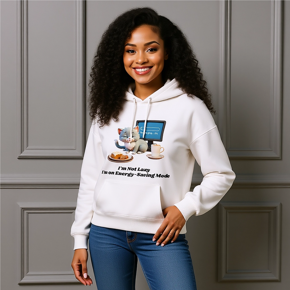 Women’s organic mid-weight hoodie featuring Purr, a grey kitten with a heart mark, sitting beside pastries and coffee.