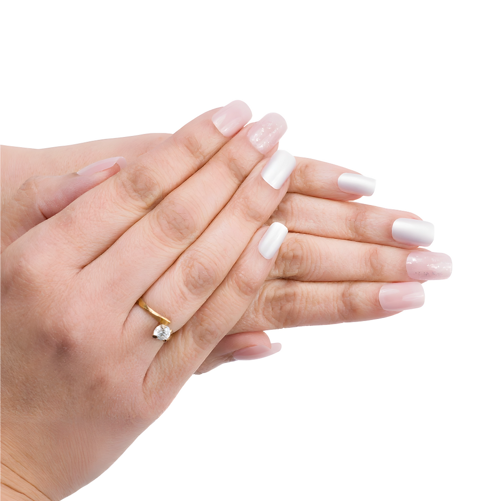 Thumbnail: Close-up of two hands with short nude and soft pink glitter press-on nails