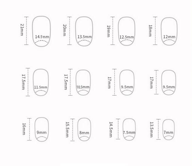 Thumbnail: Press-on nail sizing guide with length and width measurements