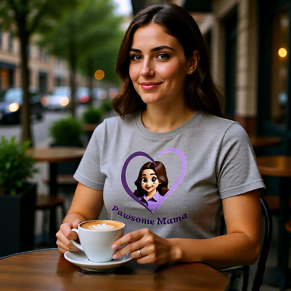 Thumbnail: Woman at outdoor café wearing grey “Pawsome Mama” t‑shirt while holding a latte.