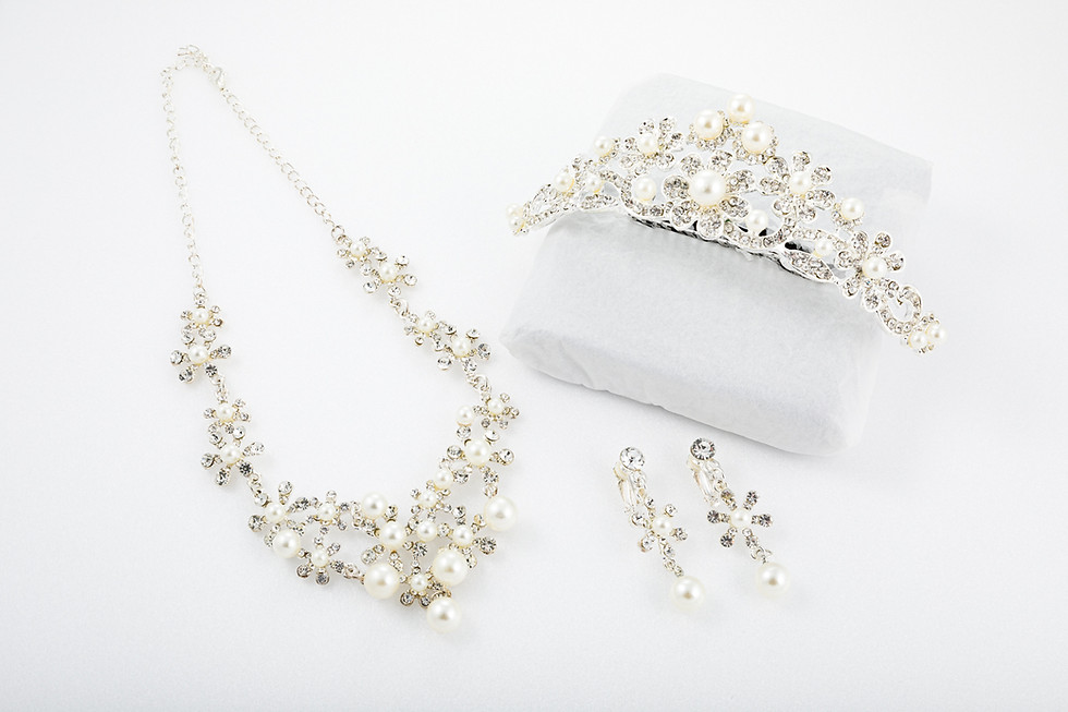 Pearl and crystal necklace, earrings, and tiara set