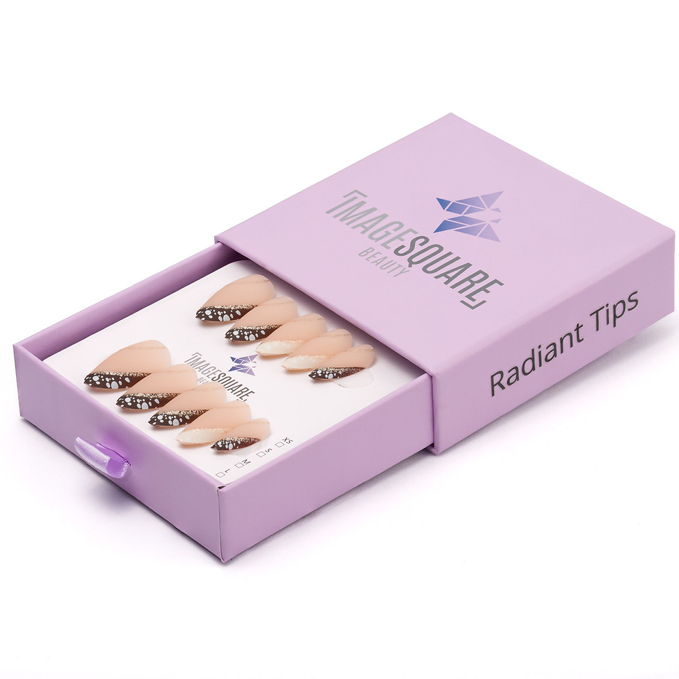 lavender rectangular beauty box with a pull‑out drawer and ribbon tab. The top features the Image Square Beauty logo, and the side reads “Radiant Tips”