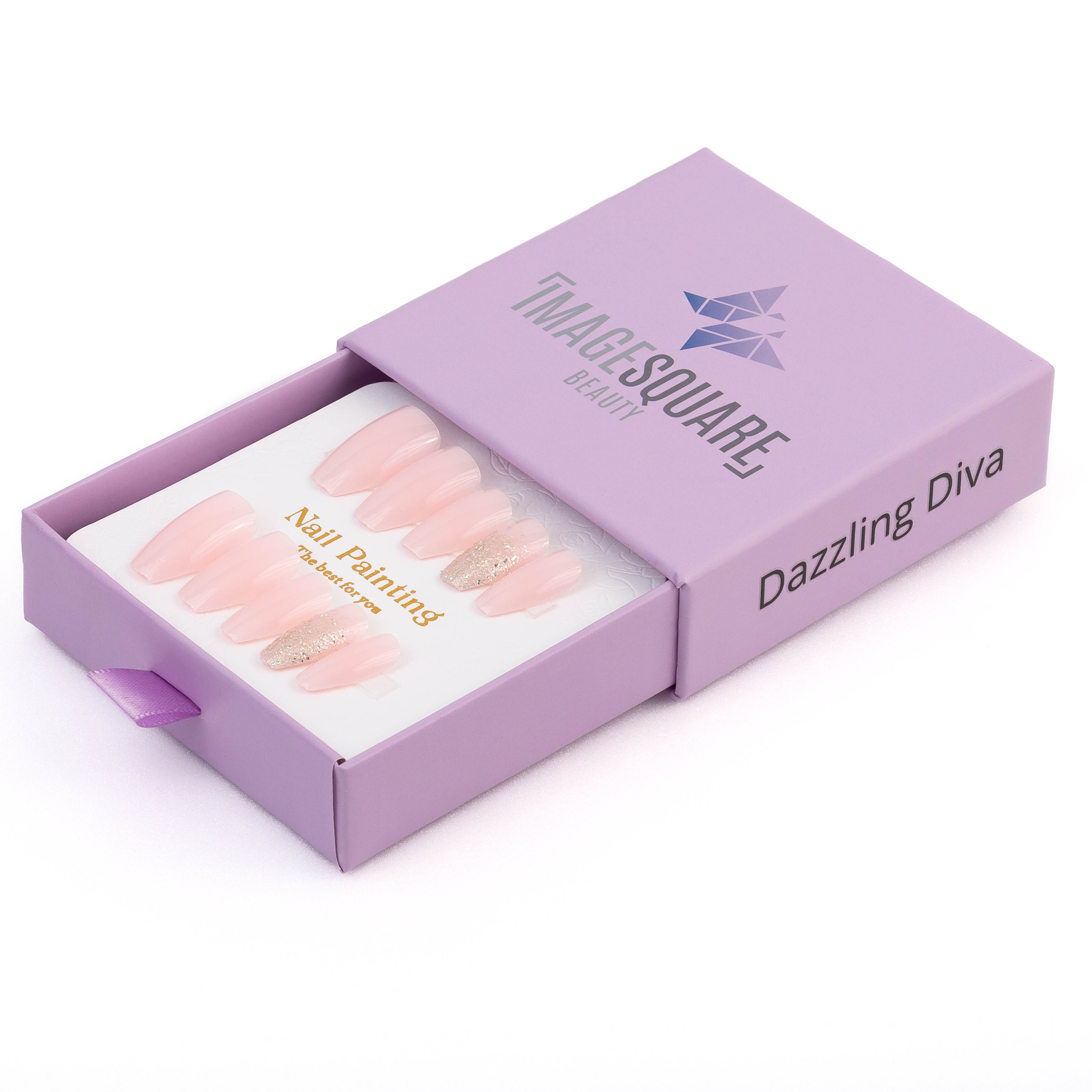 Set of glossy pink press-on nails with glitter accents displayed inside a lavender box