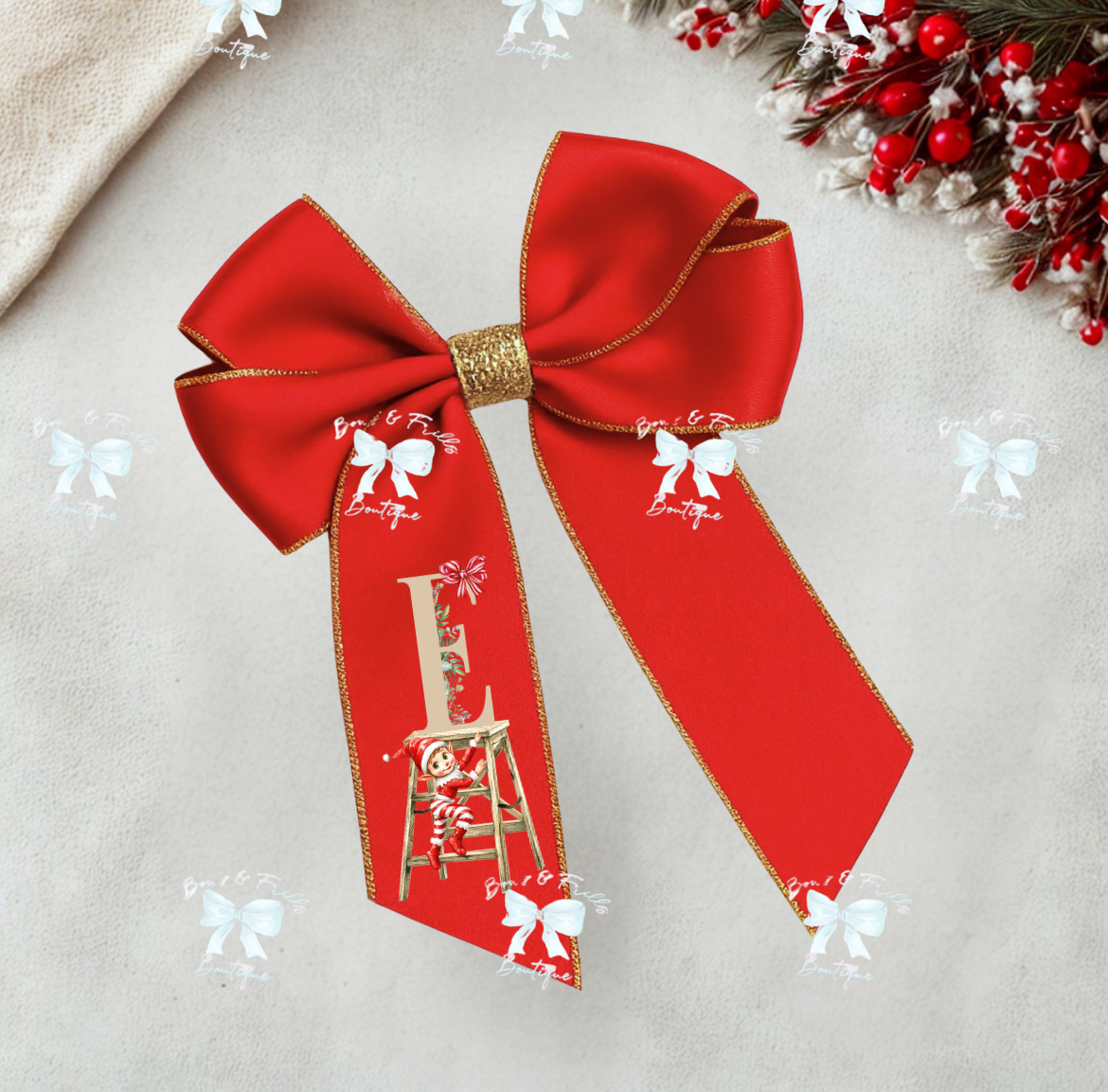 4" Red Satin Gold Trim Personalised Elf Bow