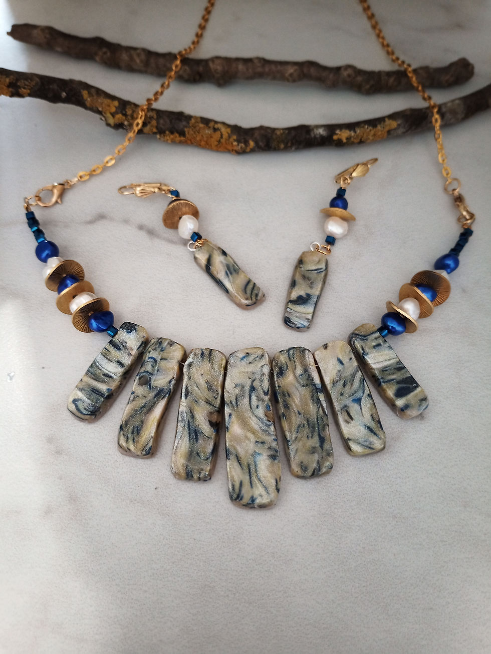 Blue and Pearl Statement Necklace set