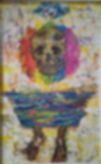 painting of a skull in front of a rainbow