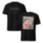 A black t-shirt shown with an illustration in red and white of a woman cutting her hair on the front and lines of poetry on the back.