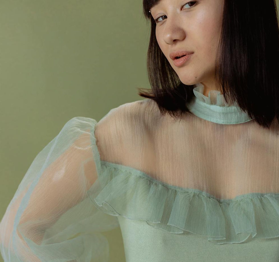 a woman in a light green transparent ruffled blouse.
