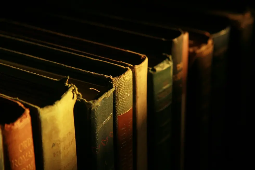 A row of hardback books in partial shadow