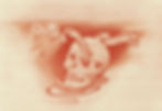 Red chalk drawing of a man’s face near a skull with a snake coming out of the eye socket